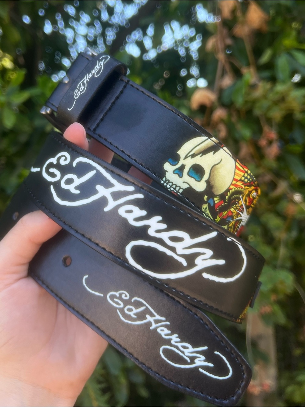 NWT Ed Hardy Skull Tiger Tattoo Studded D Ring Belt Black Size 36